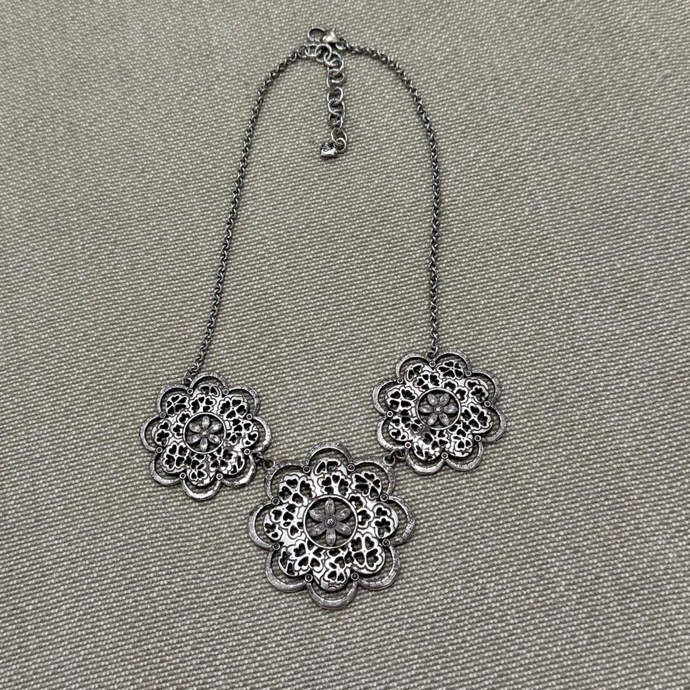 Brighton Silver tone Floral Filigree Medallion Necklace. 16" - 18"